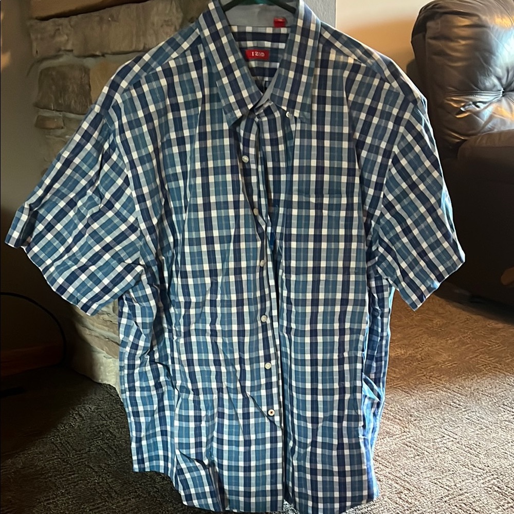 Izod Blue and White Plaid Casual Button Down Shirt
